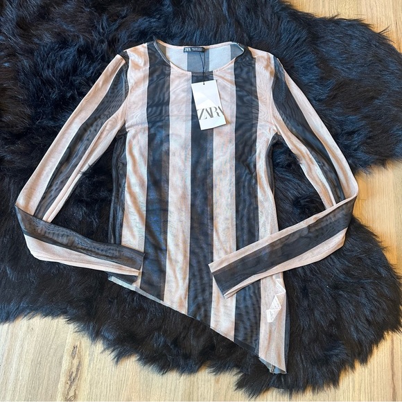 Zara Tops - Zara Assymetrical Hem Mesh Striped Top - Size Small - NWT